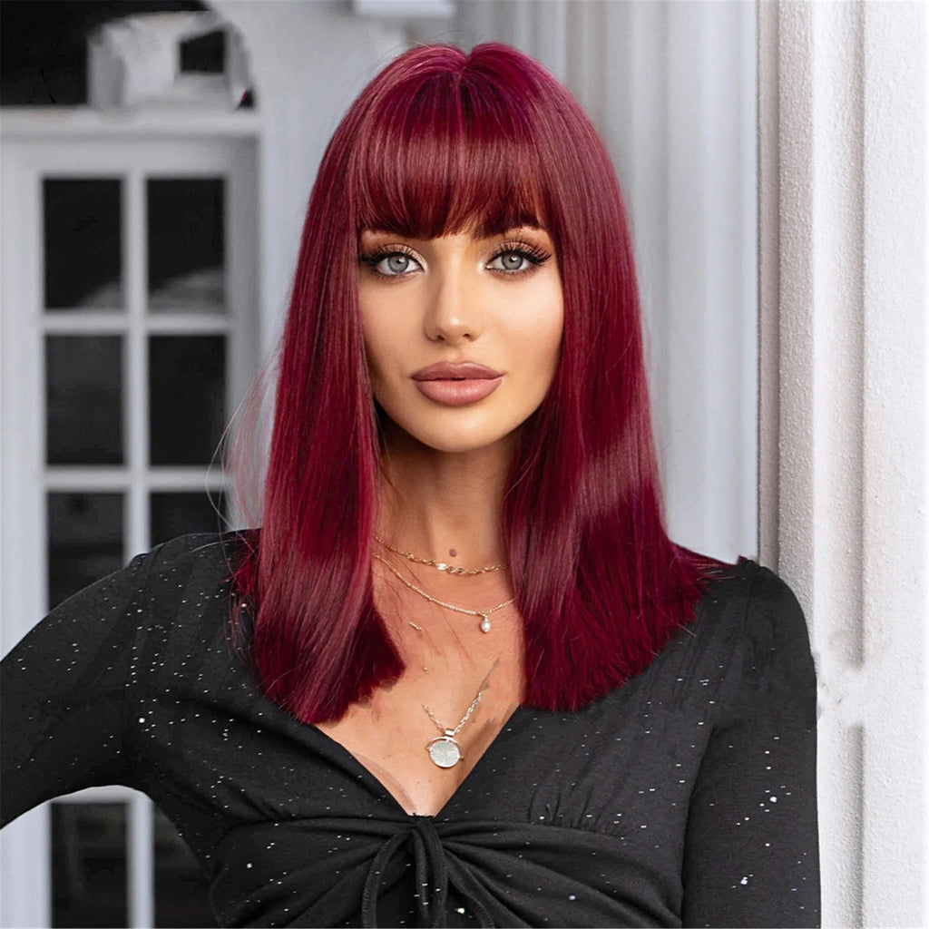 Plant green straight hair wig with bangs on a display head, Qi bangs feature, colour LC4771