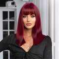 Plant green straight hair wig with bangs on a display head, Qi bangs feature, colour LC4771