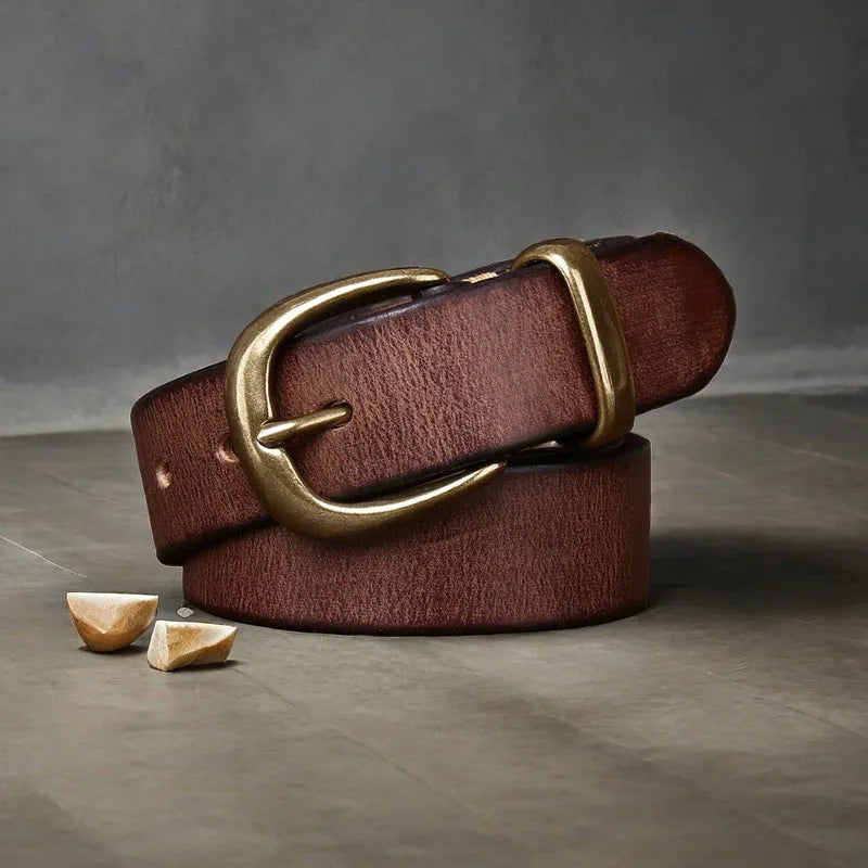 Men's casual leather belt in first layer cattlehide with copper pin buckle, shown in black.
