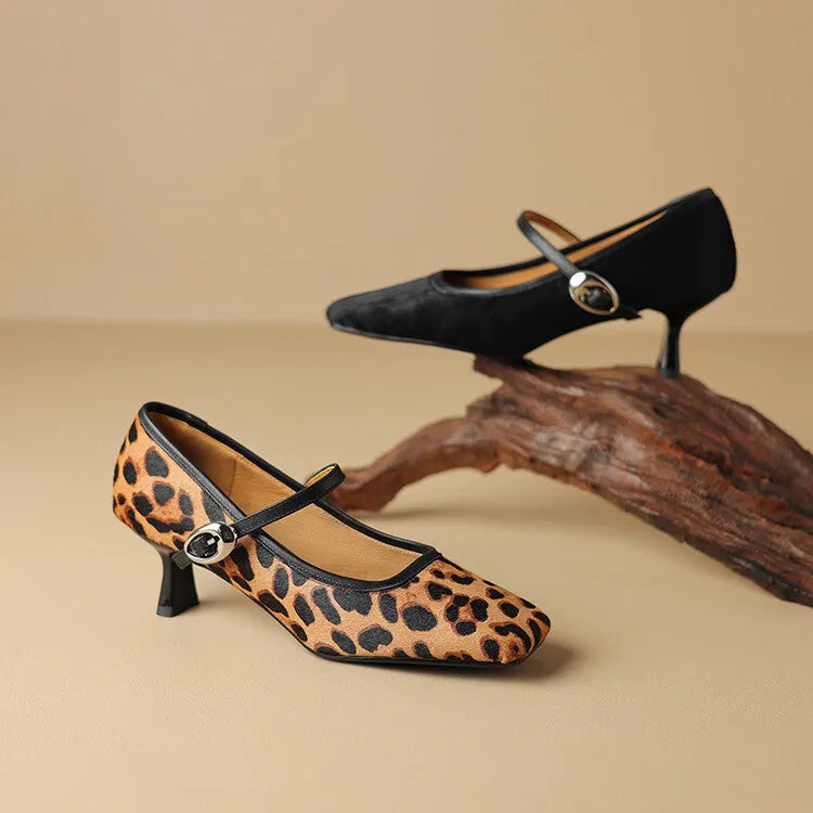 Women's black square toe stiletto ankle-strap high heels with horse hair upper