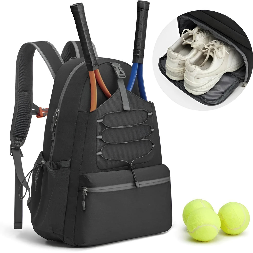Neutral polyester tennis backpack large peak ball bag holds 4 rackets with shoes compartment in black gray and beige colors