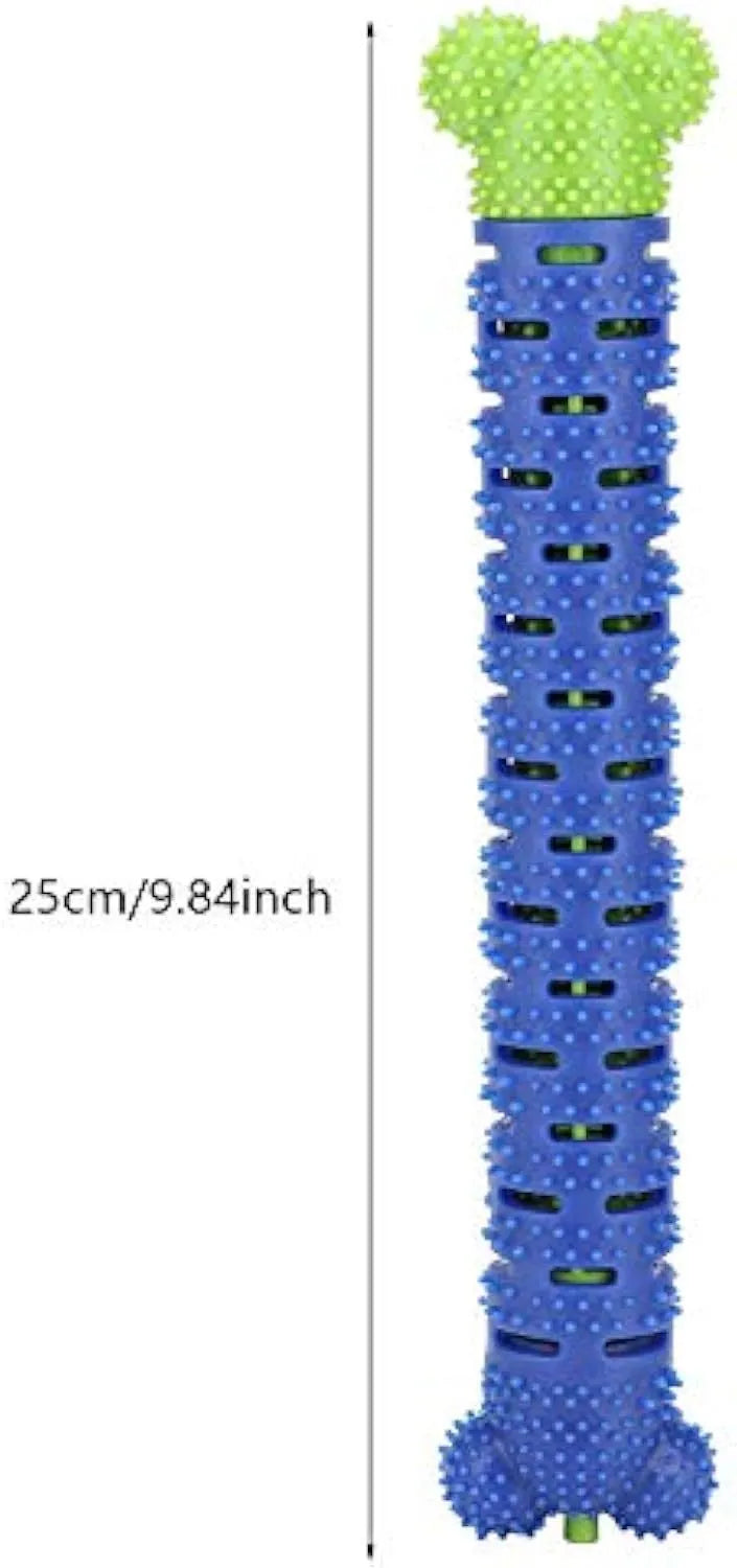 Blue and green silicone dog dental chew toy with brush-head texture and nodule design for cleaning teeth.