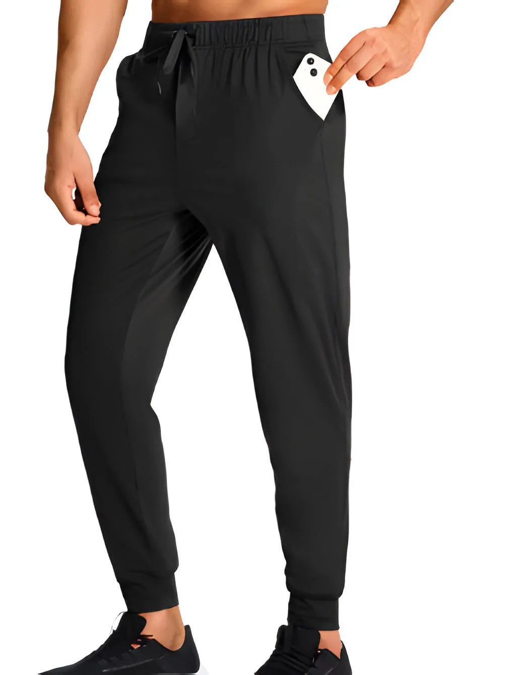 Men's loose fit solid colour casual trousers in polyester fabric on a hanger