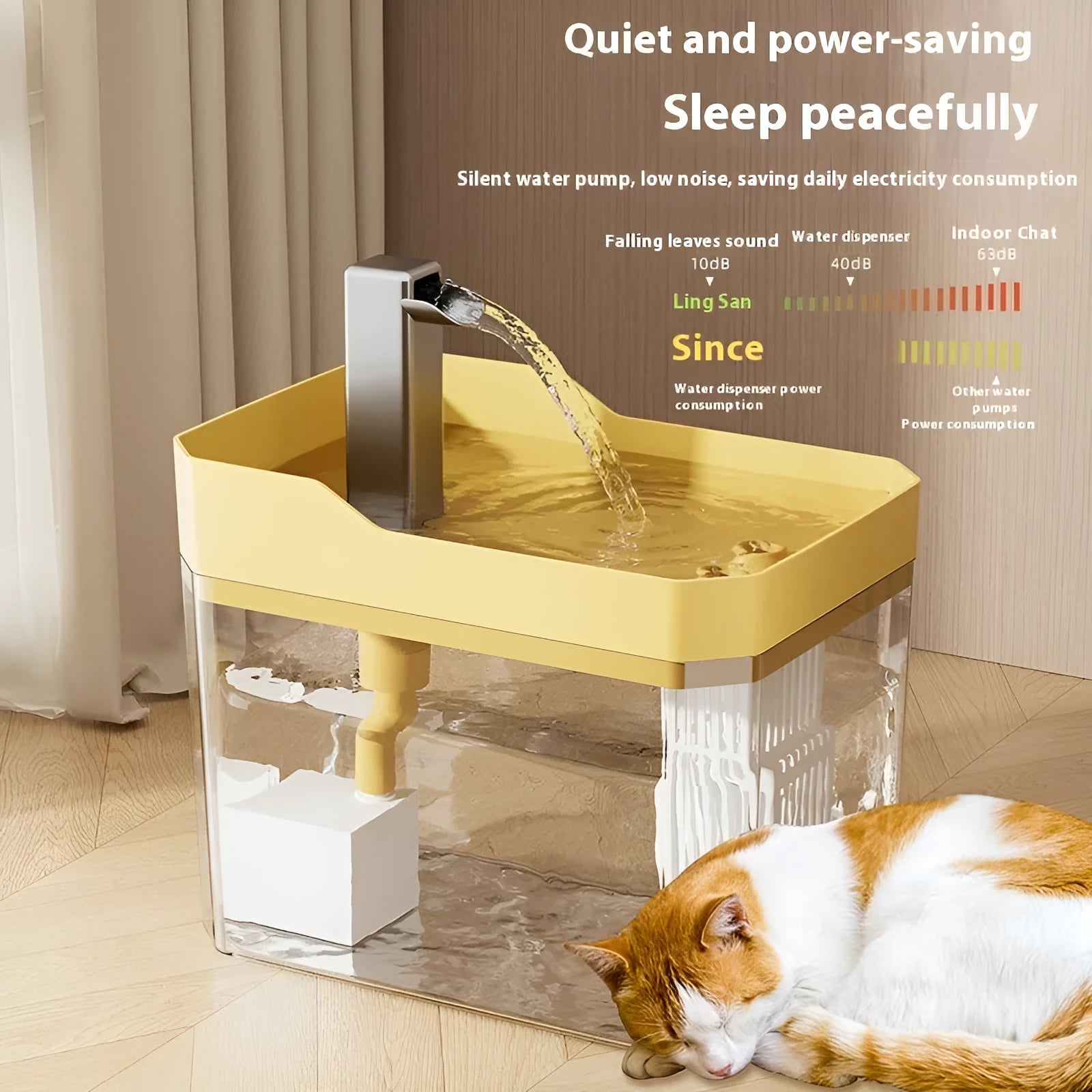 Automatic cat water fountain with filter in transparent plastic, showing water flow.