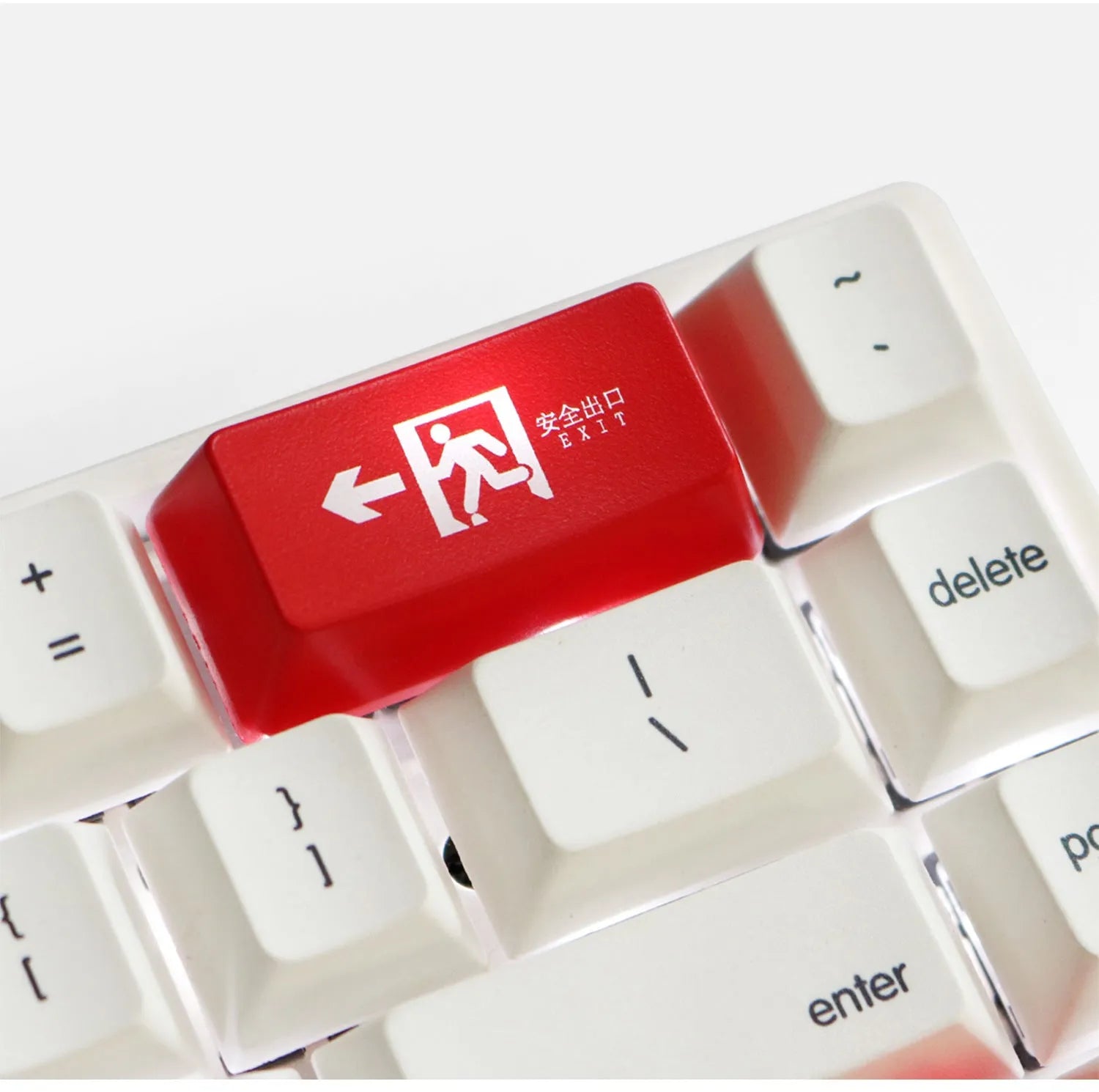 Red safety evacuation exit mechanical keyboard keycap with transparent construction