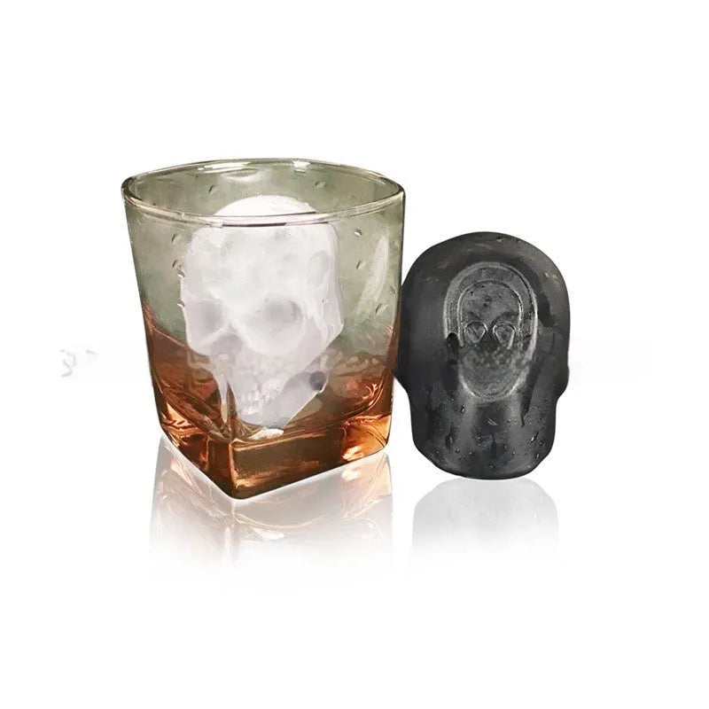 Food grade silicone Halloween ice tray creating 3D skull shaped ice cubes.