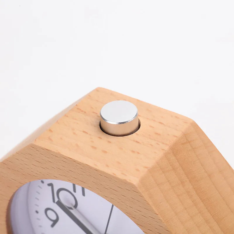 Polygonal beech wood luminous alarm clock with hexagonal shape in brown white finish on nightstand
