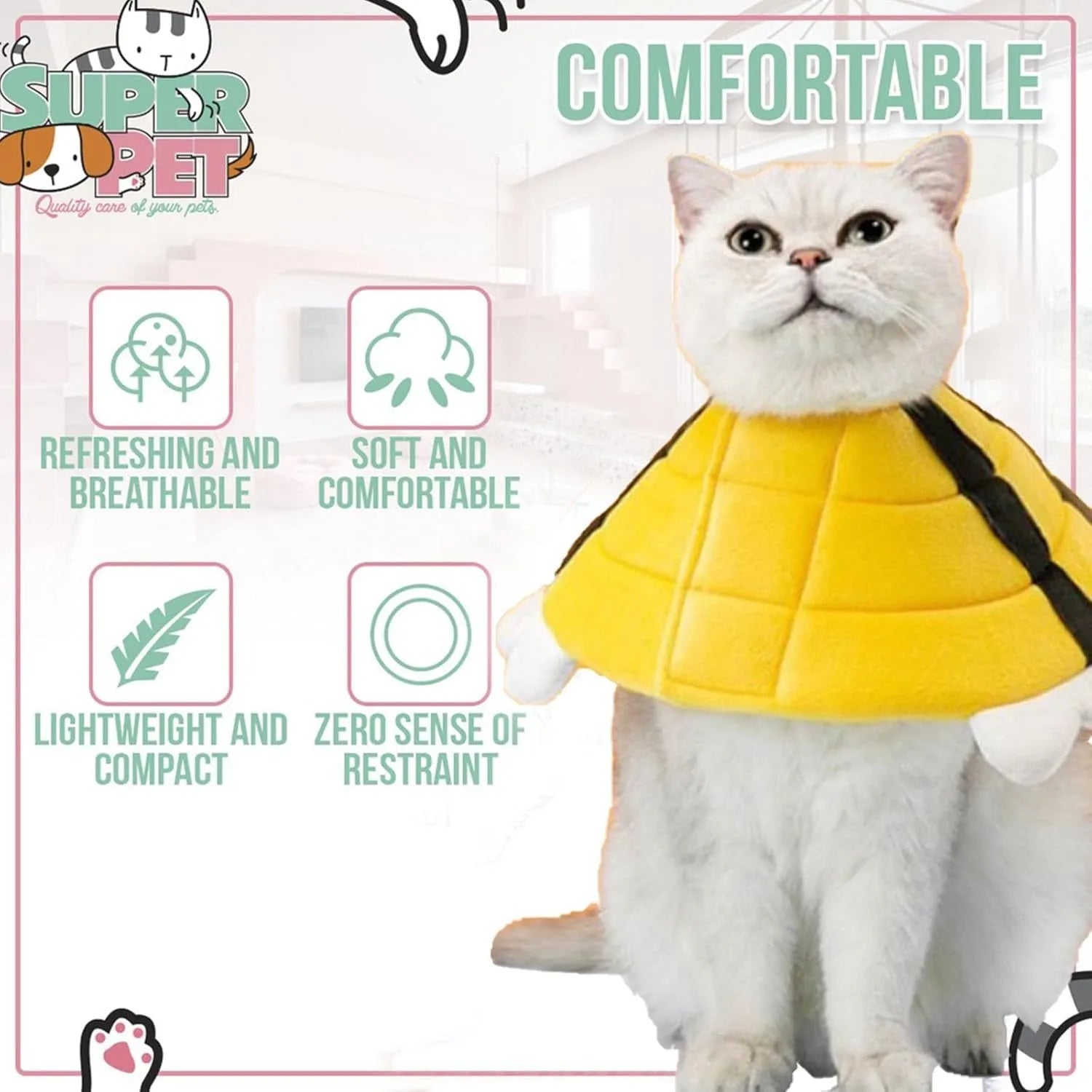 Soft cat cone collar with cute bee design showing Velcro closure and adjustable sizing
