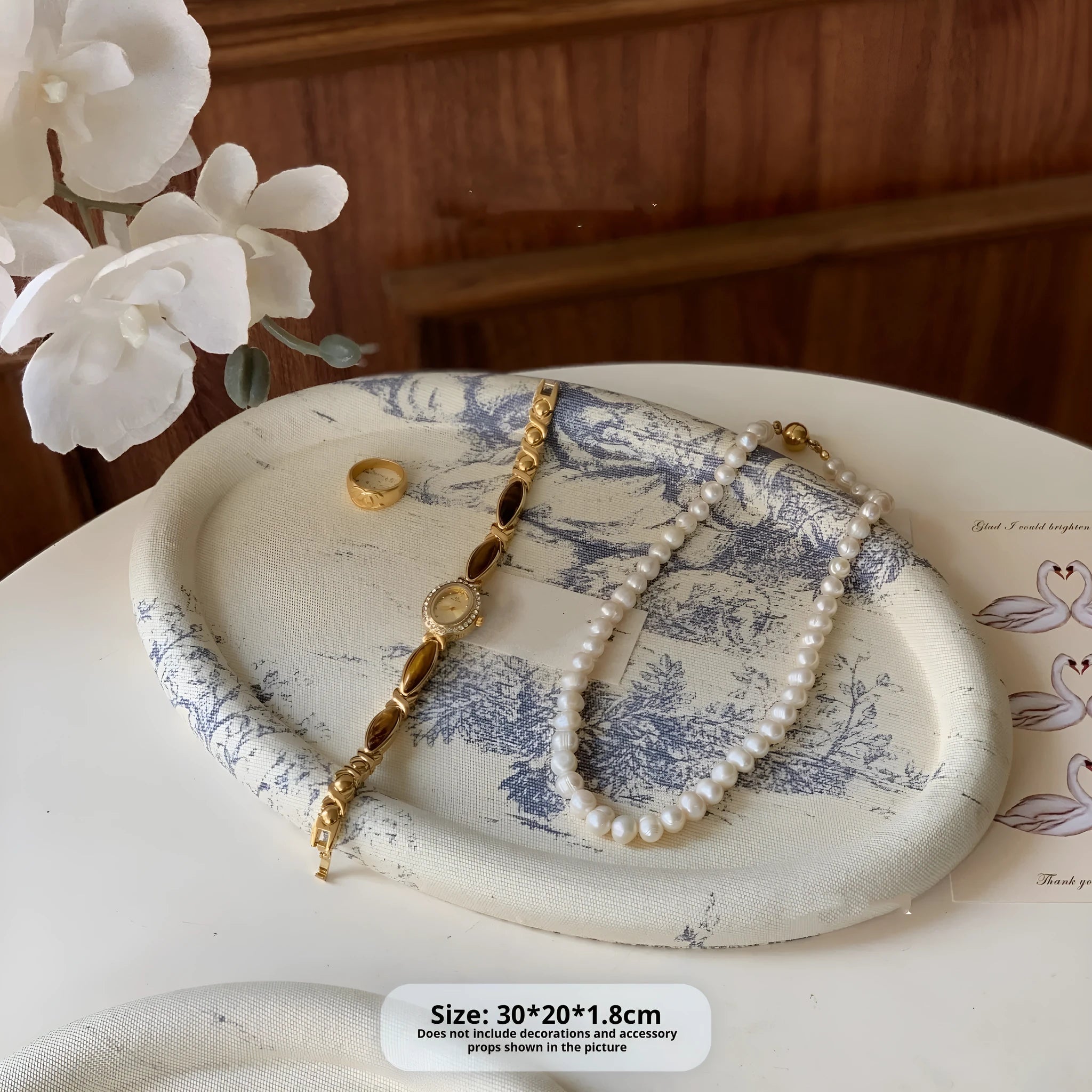 Retro fabric MDF jewellery tray in French manor style with bracelet and necklace