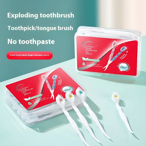Box of 20 disposable mint flavour bead toothbrushes for portable oral care.