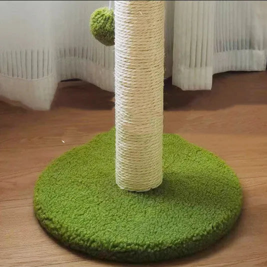 Emerald green cat tree with sisal rope column and long pile cloth leaf perch on particle board base