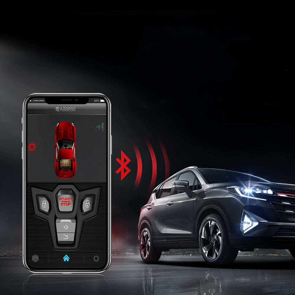 Red and black one-way car alarm remote control unit with two key fobs.