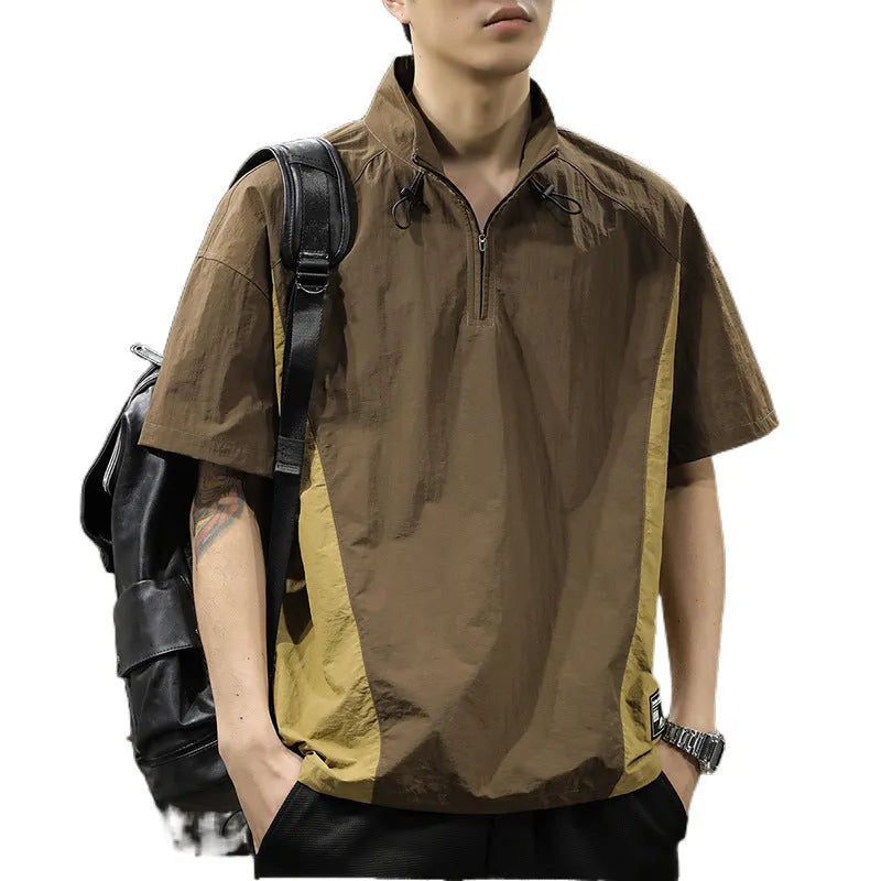 Brown men's short sleeve shirt with half-zip stand collar, made from ice silk fabric.