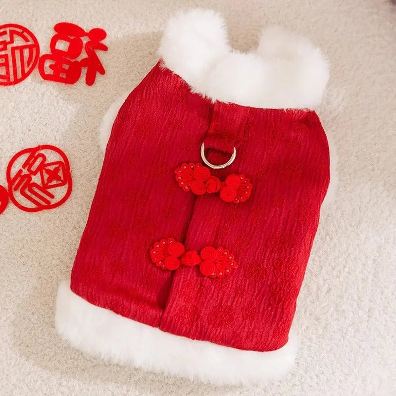 Red Chinese-style thermal cotton dog outfit for small breeds with festive New Year design