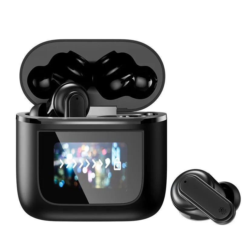 Intelligent Touch Screen Bluetooth Earphones in Black and Gold with ear plug style design