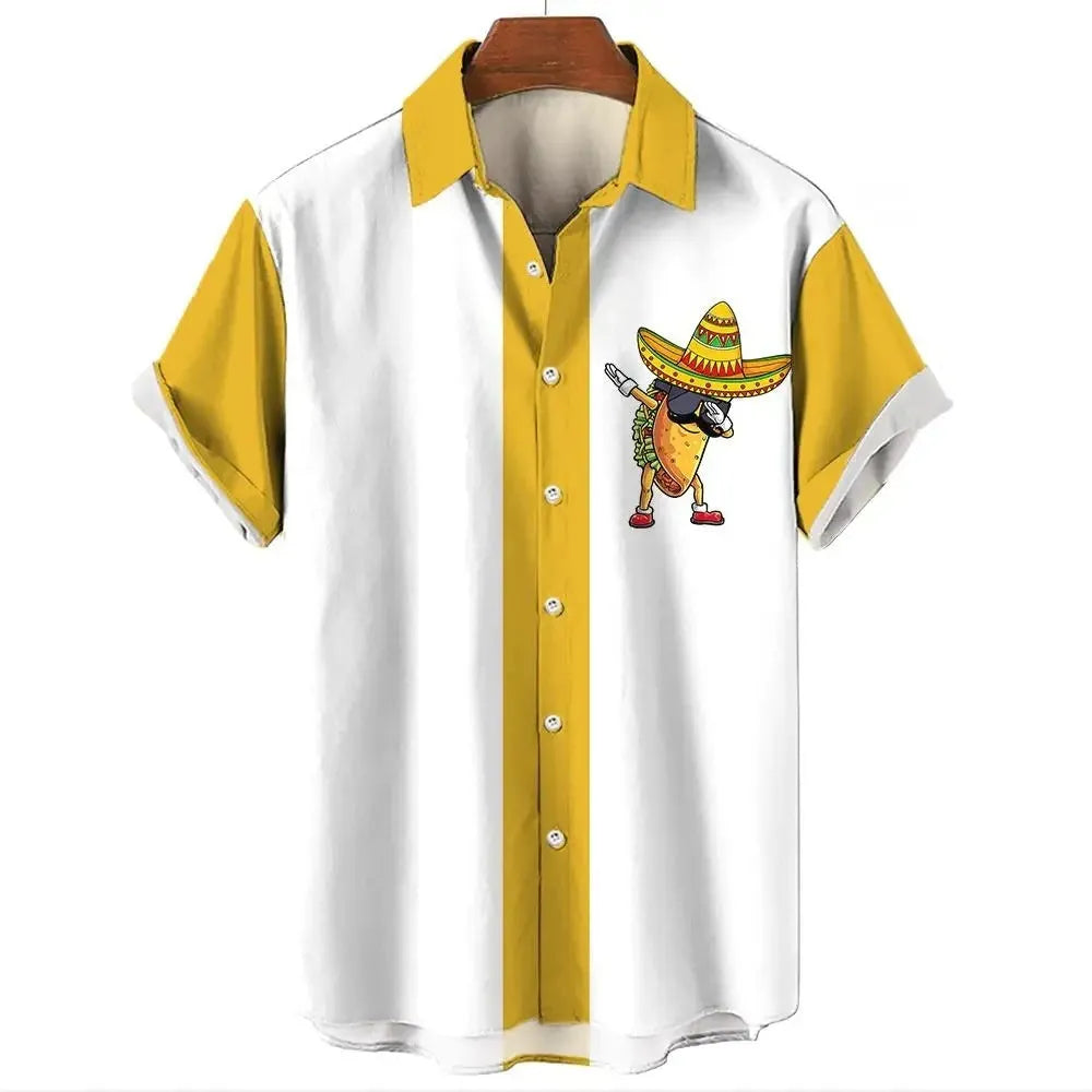 Man wearing a striped short sleeve Hawaiian shirt with button front.