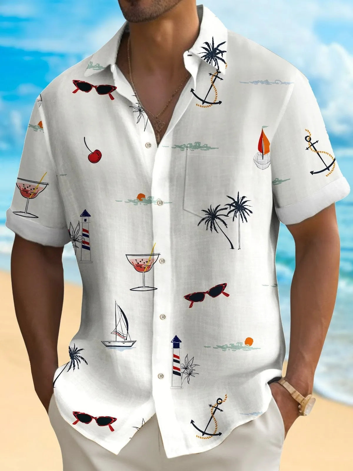 Man wearing a loose-fit, short-sleeve Hawaiian print shirt with colourful digital patterns.