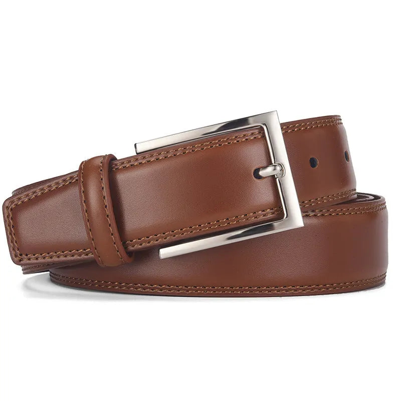 Men's black genuine leather belt with a silver alloy pin buckle shown on a flat surface