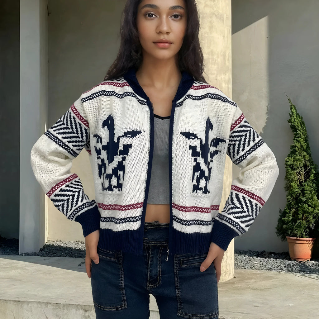 White women's zip-front cardigan with lapel collar and contrasting jacquard stripe pattern.