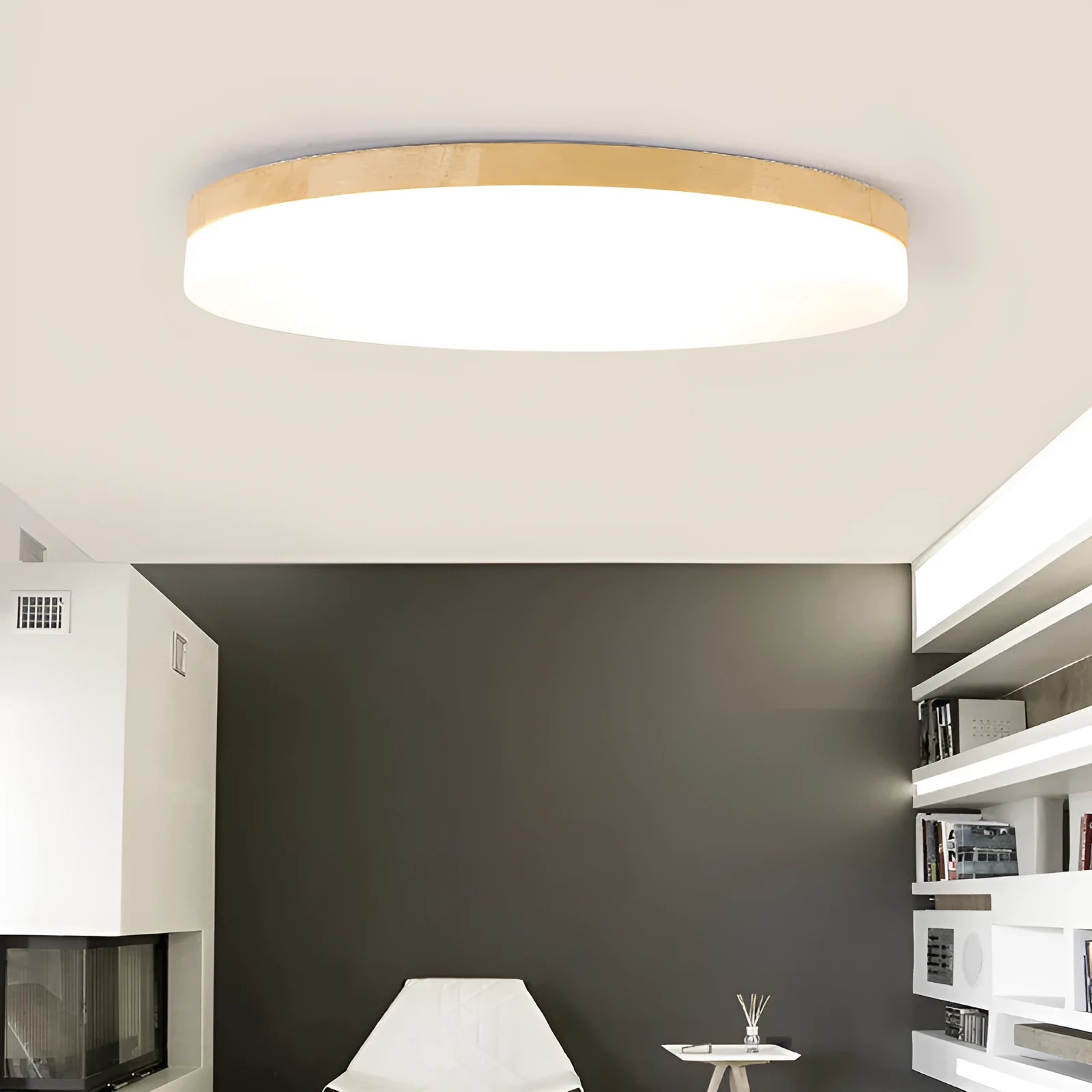 Japanese minimalist style LED ceiling light with wood art body and acrylic shade in three size options