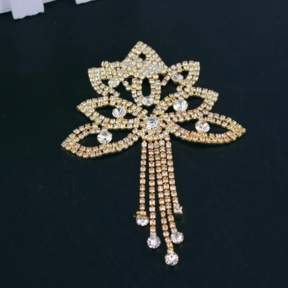 Crystal rhinestone flower applique with tassel in gold white diamond for wedding dress decoration