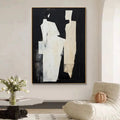 Abstract black and white hand-painted oil painting on canvas, frameless unstretched vertical wall art