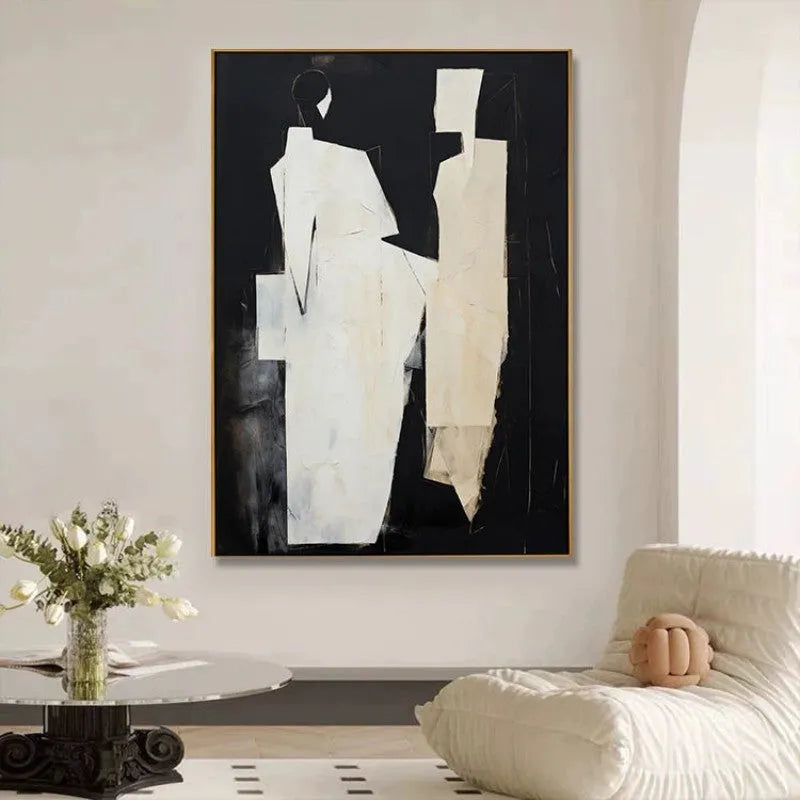 Abstract black and white hand-painted oil painting on canvas, frameless unstretched vertical wall art