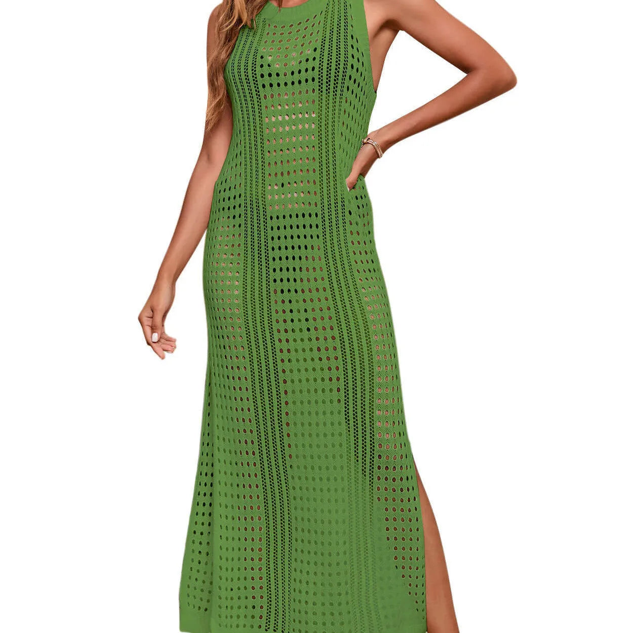 Loose beach knitted blouse with hollow-out pattern in solid colour on hanger