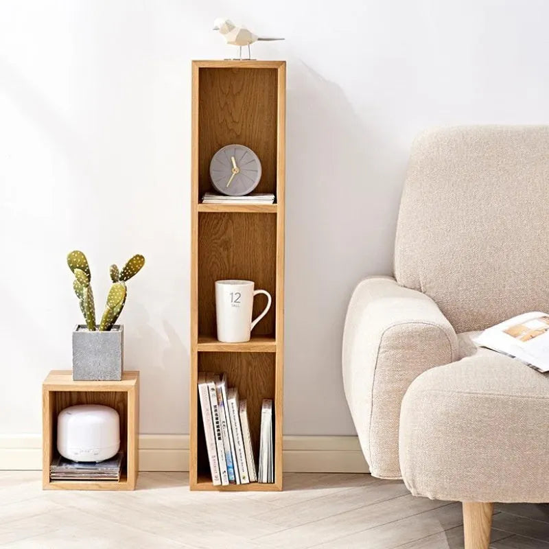 Solid White Oak wall-mounted lattice bookshelf with multi-grid storage, wood colour finish