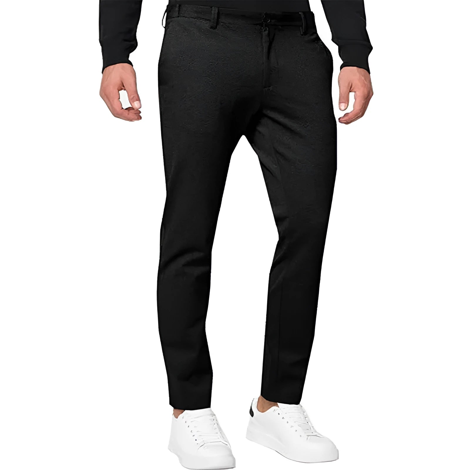 Men's tapered chino trousers in black stretch cotton blend fabric with zip fly and slim-fit silhouette