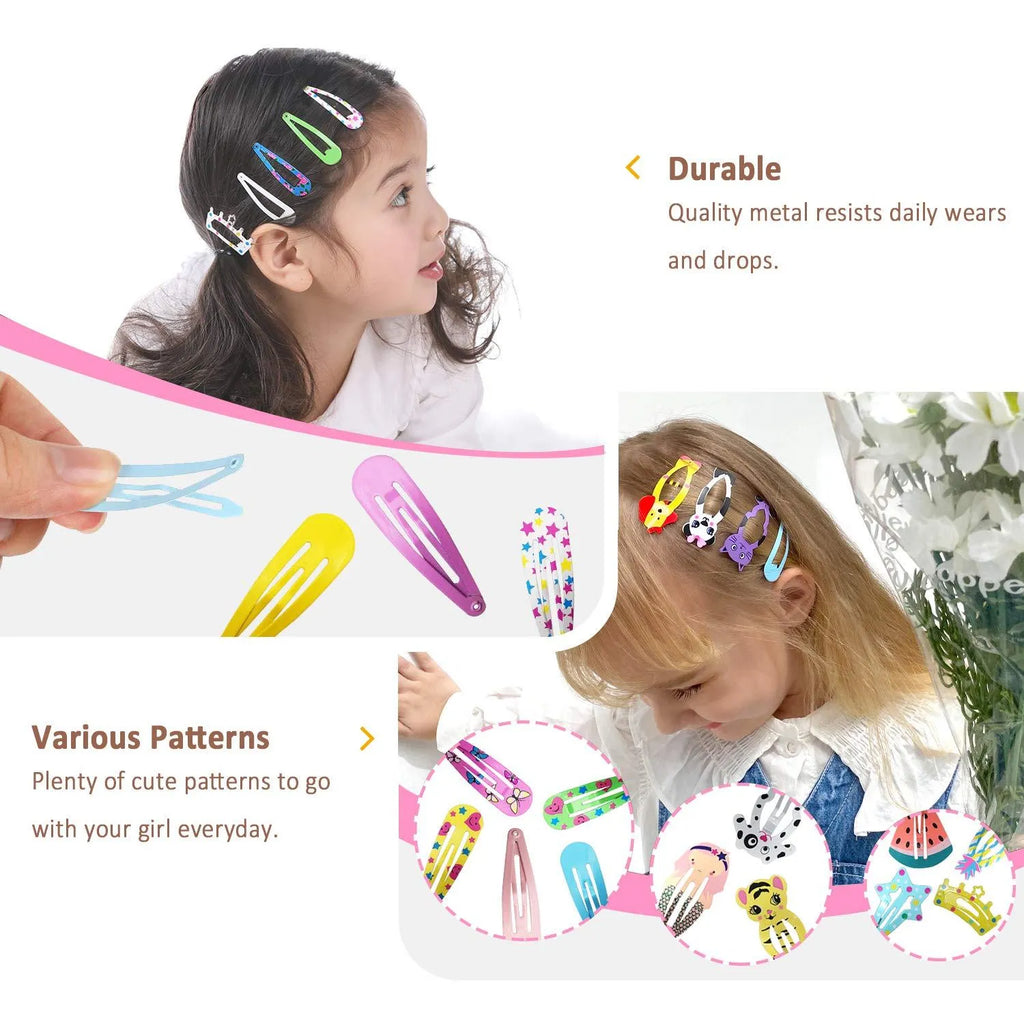 Assorted candy colour metal snap hair clips with animal, fruit, crown, star, and flower designs.