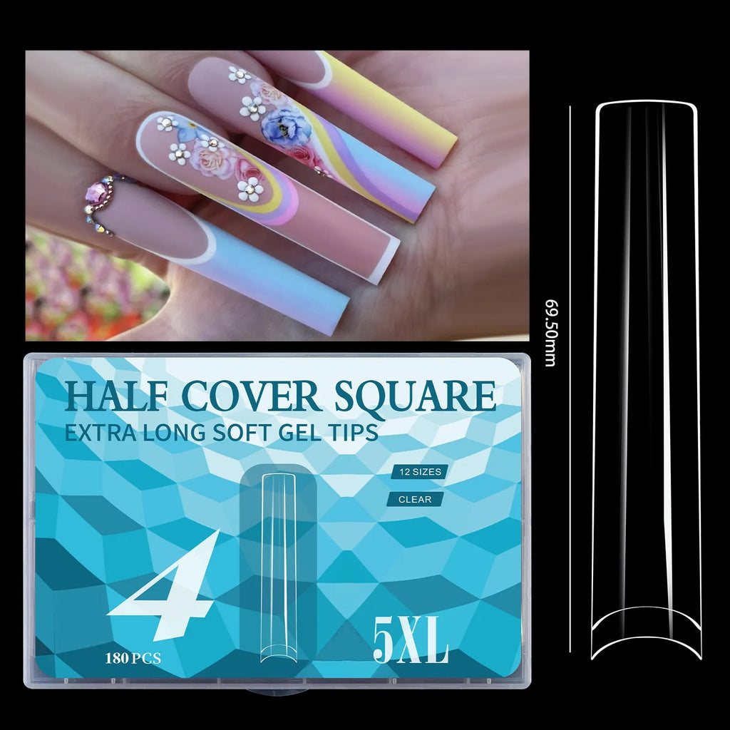 180 extra long seamless French nail tips manicure set in six colour options laid out on a white background