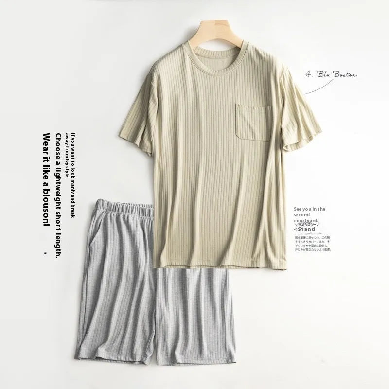 Men's thin polyester summer home wear suit with short sleeve T-shirt and matching shorts in oatmeal and deep gray colour combination
