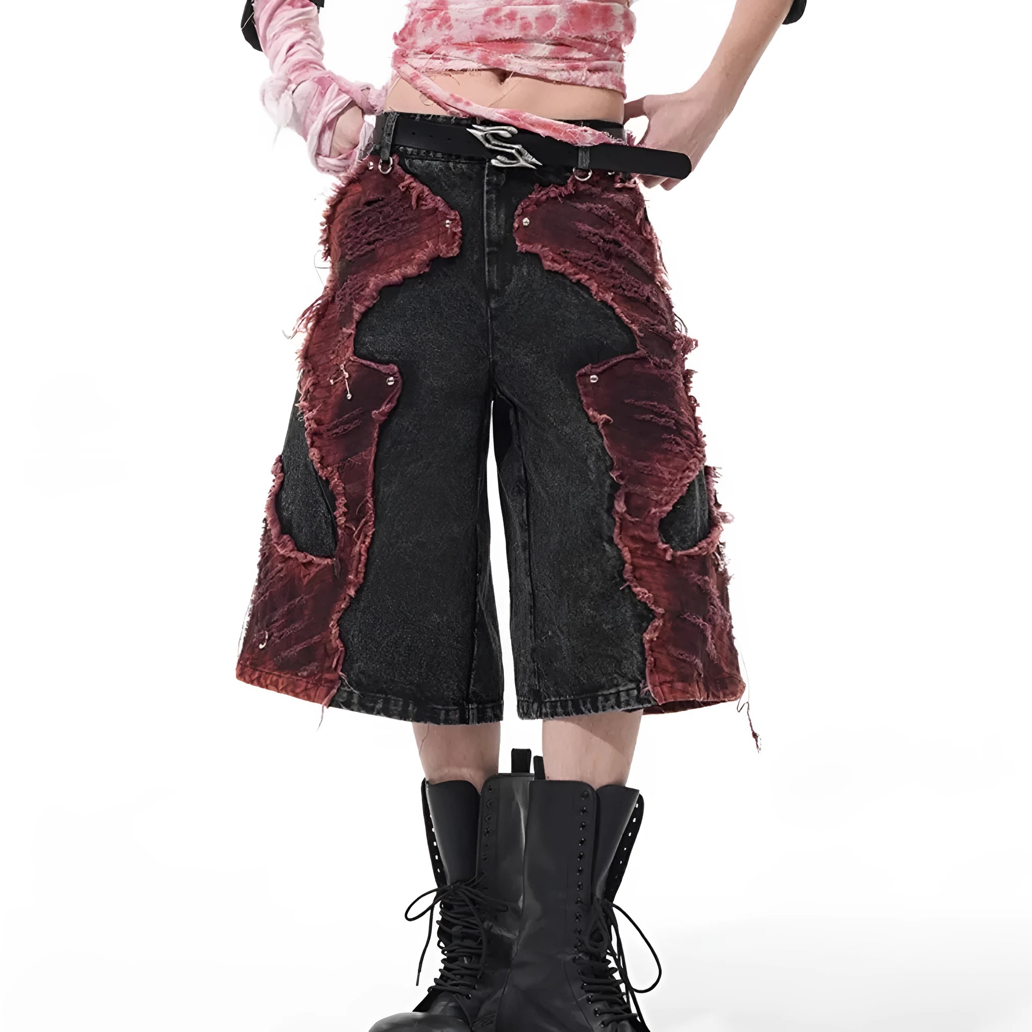 Distressed brushed stitching wide leg denim cropped pants with mid-high waist in picture colour