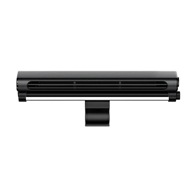 Black USB-powered bladeless fan with an LED lamp, shown clipped to the top of a computer monitor.