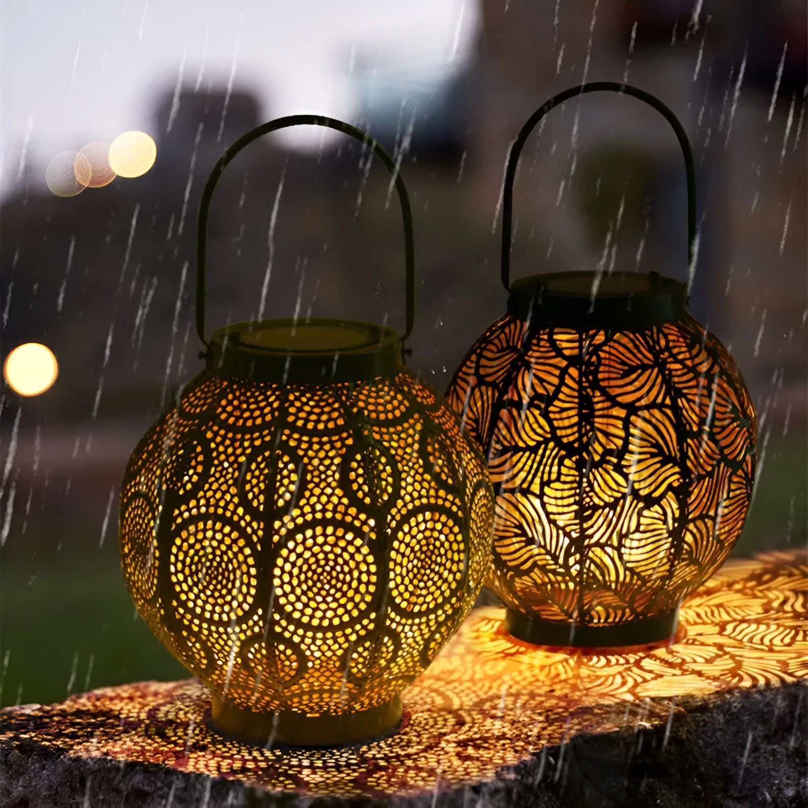 Solar-powered decorative iron courtyard lantern with warm white LED light.
