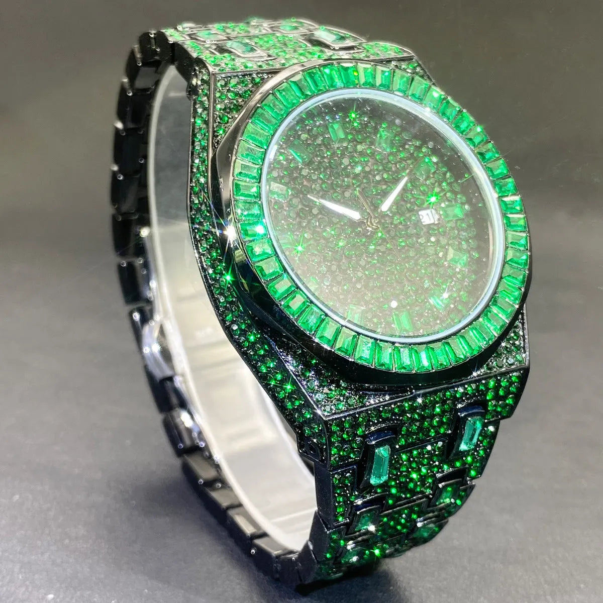 Men's green full rhinestone hip hop quartz watch with 13mm alloy case