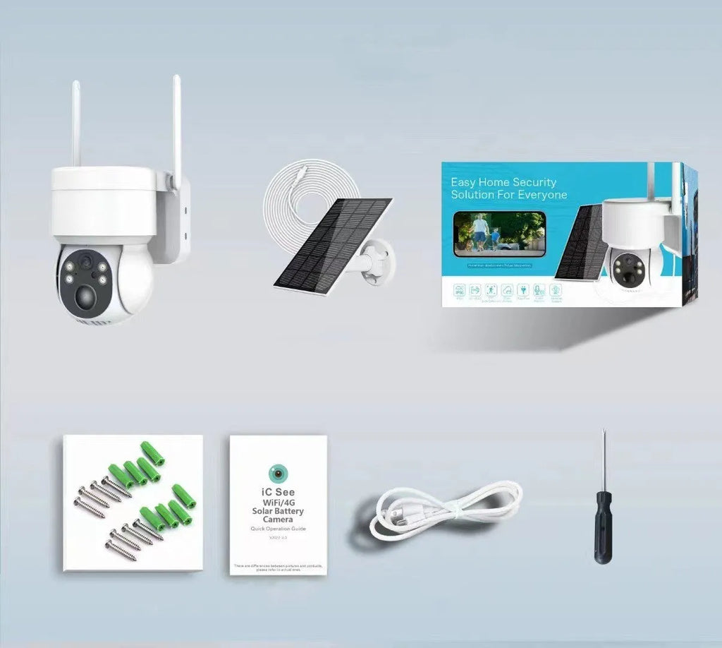 Outdoor wireless Wi-Fi surveillance camera with solar panel, 3.6mm lens, motion detection, available in black or white