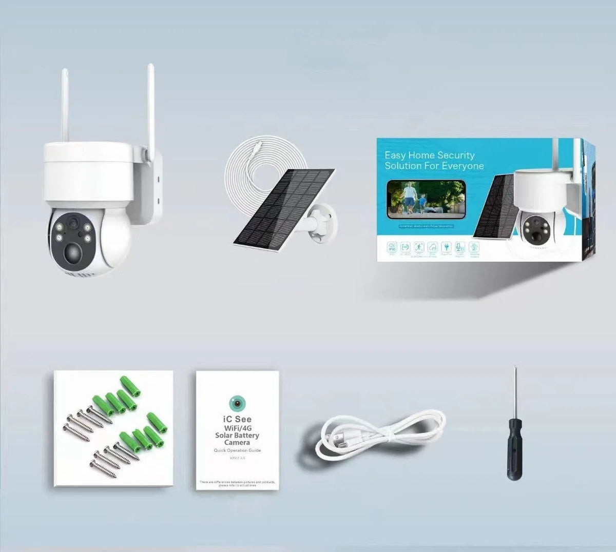 Outdoor wireless Wi-Fi surveillance camera with solar panel, 3.6mm lens, motion detection, available in black or white