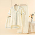 Women's cotton three-piece pyjama set in garden gold with lapel collar and short sleeves
