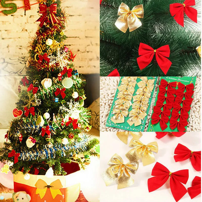 A red, gold, and silver polyester Christmas decoration bow ornament measuring 5 cm.