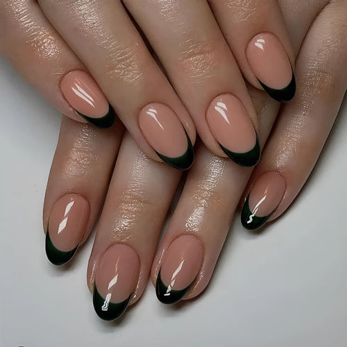 Black French style short almond-shaped false nails set with 24 pieces J049 design