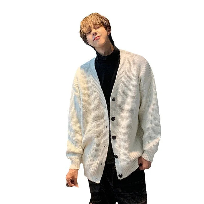 Men's retro V-neck cardigan sweater in Army Green colour with long sleeves and loose fit