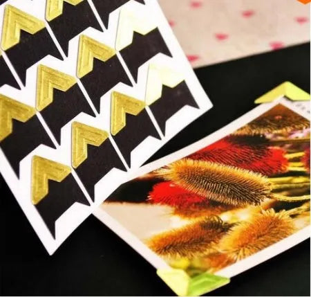 Vintage corner stickers pack of 120 pieces, 5 sheets, 5 colours including black gold kraft silver white