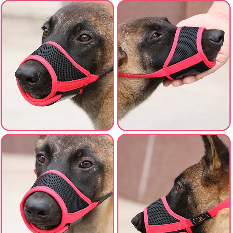 Adjustable dog muzzle mask in canvas and breathable mesh with Velcro straps and ABS grip, available in multiple colours and sizes XS to XXL.