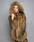 Women's silver grey artificial fur mid-length coat with a loose fit on a hanger.