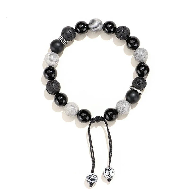 Black agate map stone volcanic rock bracelet with diamond shape and electroplated metal, shown in 8mm and 10mm sizes