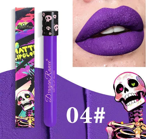 Halloween skull test tube containing matte gold or silver lip gloss for creative makeup.