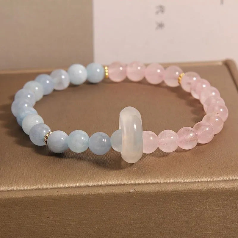 Women's aquamarine crystal bracelet with geometric beads in pink blue colour option