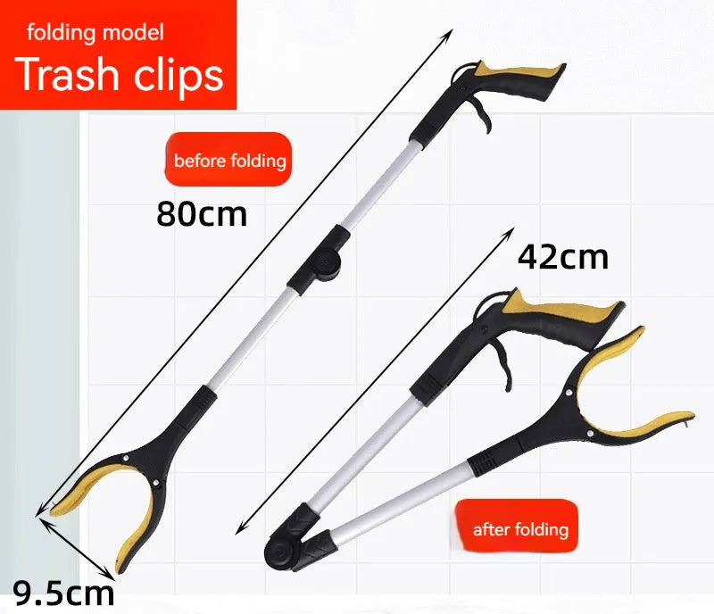 Foldable aluminium garbage pick-up clamp with extended pincers and a coloured handle, shown next to its magnet sucker attachment.